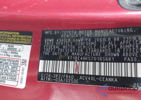 2007 Toyota Camry Le from USA, damaged, VIN 4T1BE46K57U165681